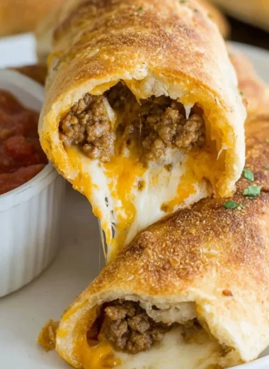 Cheesy taco sticks served on a plate with dipping sauce