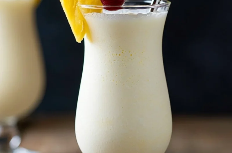 Classic Piña Colada cocktail garnished with pineapple and cherry