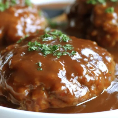 Delicious plate of Classic Salisbury Steak with gravy and sides