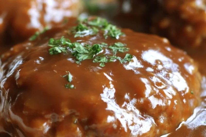 Delicious plate of Classic Salisbury Steak with gravy and sides