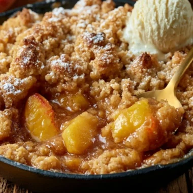 Classic Southern Peach Cobbler served in a dish with a scoop of ice cream