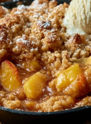Classic Southern Peach Cobbler served in a dish with a scoop of ice cream