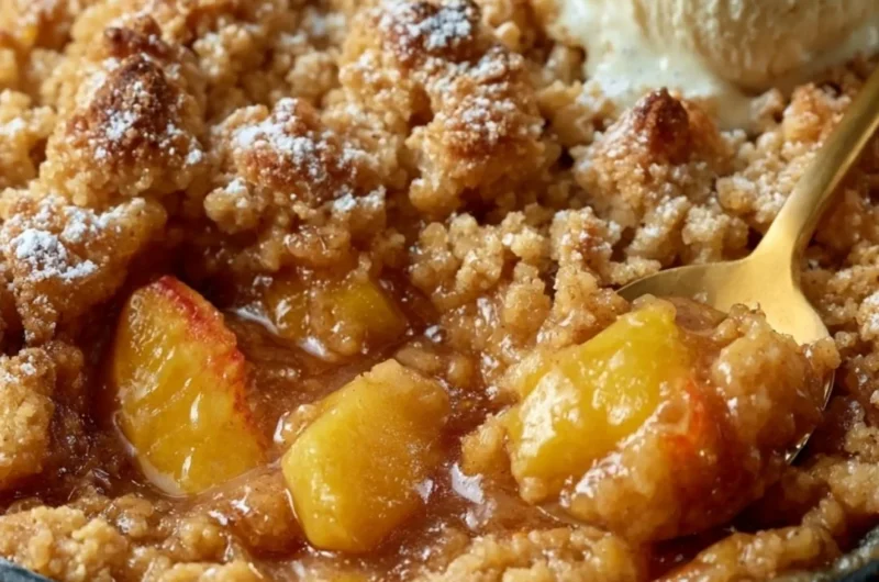 Classic Southern Peach Cobbler served in a dish with a scoop of ice cream