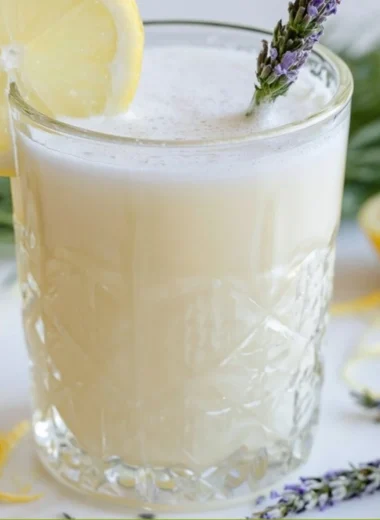 Refreshing Coconut Lavender Lemonade Mocktail in a glass with lemon slices and lavender flowers