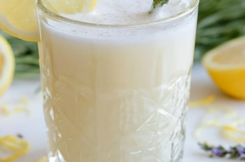 Refreshing Coconut Lavender Lemonade Mocktail in a glass with lemon slices and lavender flowers