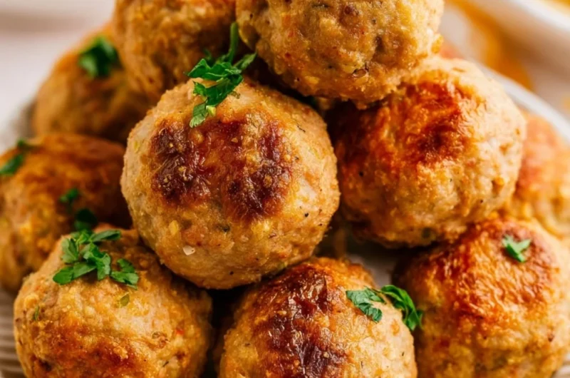 Cozy air fryer turkey meatballs served with marinara sauce.