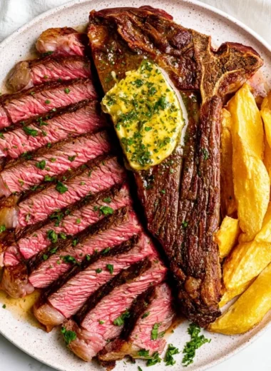 Juicy oven baked steak topped with flavorful garlic butter.