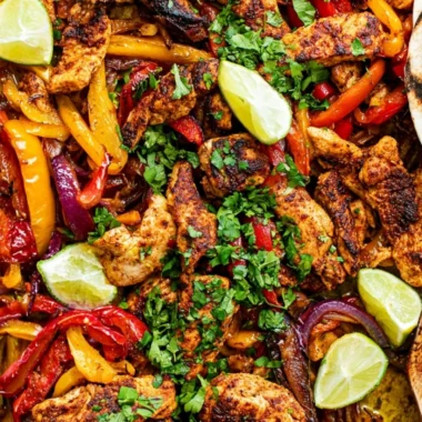 Cozy sheet pan chicken fajitas with colorful peppers and onions