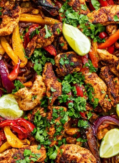 Cozy sheet pan chicken fajitas with colorful peppers and onions