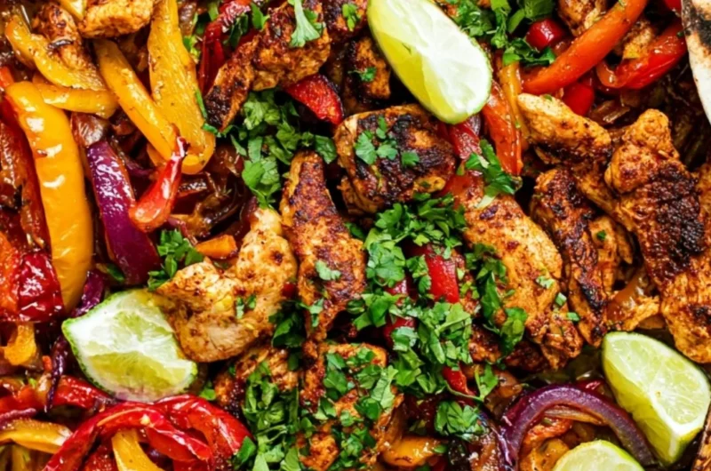 Cozy sheet pan chicken fajitas with colorful peppers and onions