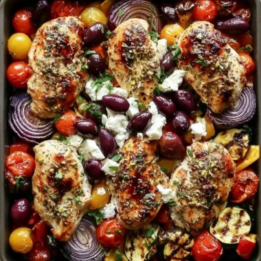 Sheet pan meal featuring Greek chicken and colorful veggies roasted to perfection.