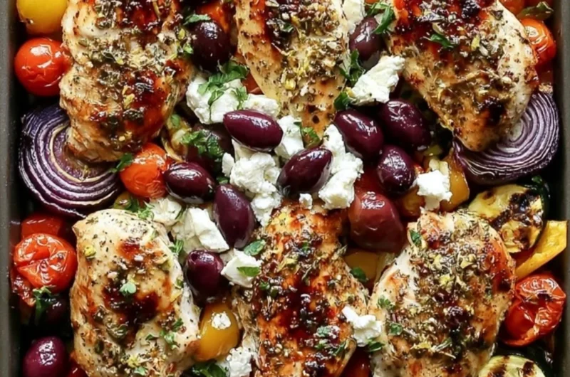 Sheet pan meal featuring Greek chicken and colorful veggies roasted to perfection.
