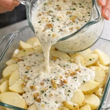 Creamy Parmesan oven-baked potatoes served in a dish