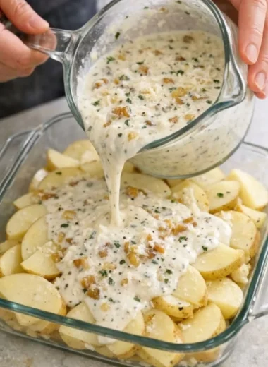 Creamy Parmesan oven-baked potatoes served in a dish