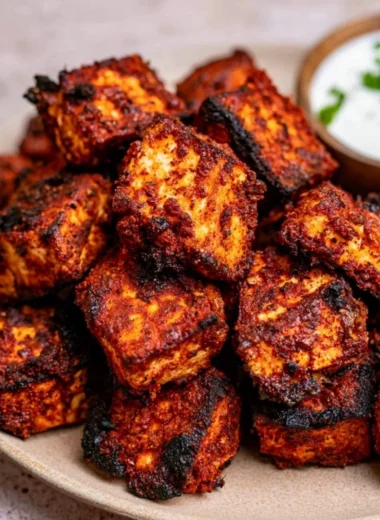 Plate of crispy Cajun tofu bites served with dipping sauce