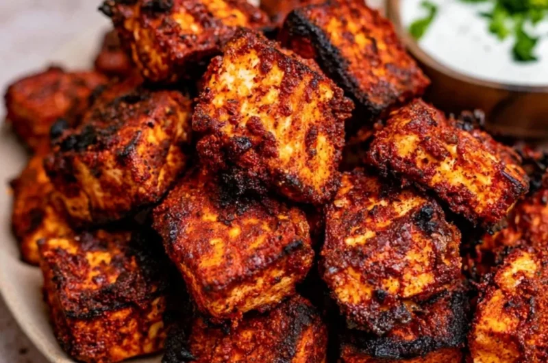 Plate of crispy Cajun tofu bites served with dipping sauce