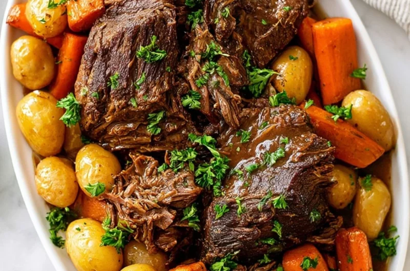Delicious Crock Pot pot roast served with vegetables on a plate.