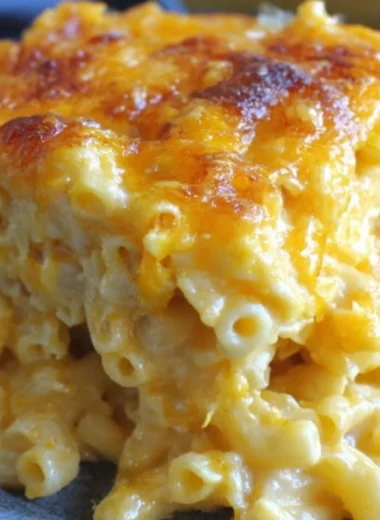 A creamy serving of easy baked mac and cheese topped with golden breadcrumbs.