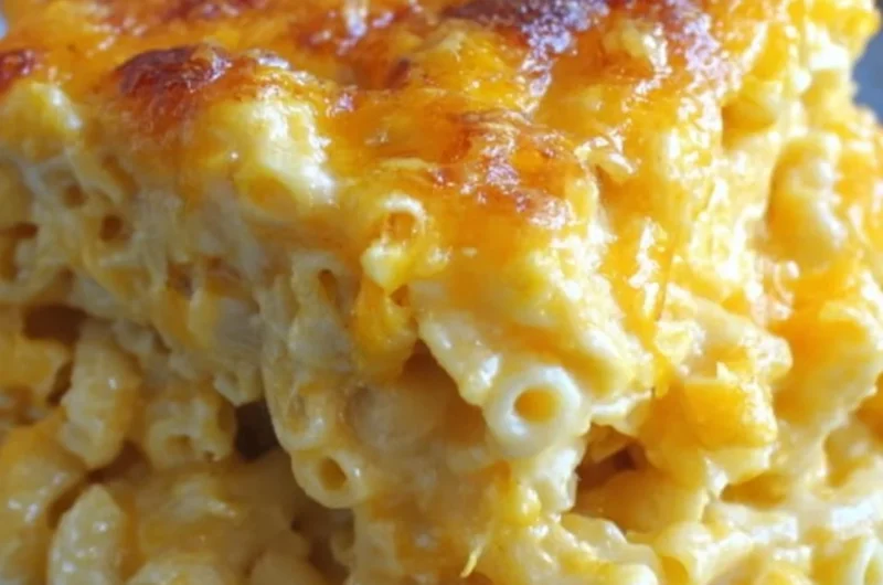A creamy serving of easy baked mac and cheese topped with golden breadcrumbs.