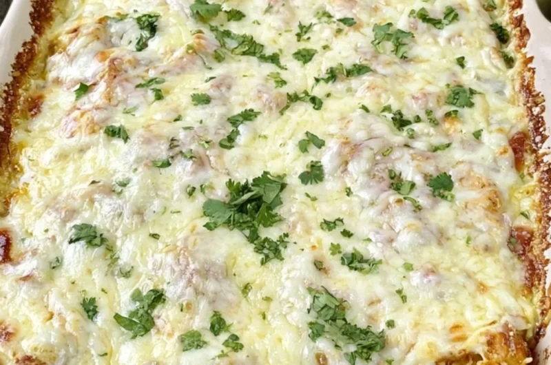 Easy dump and bake queso chicken with rice dish ready to serve.