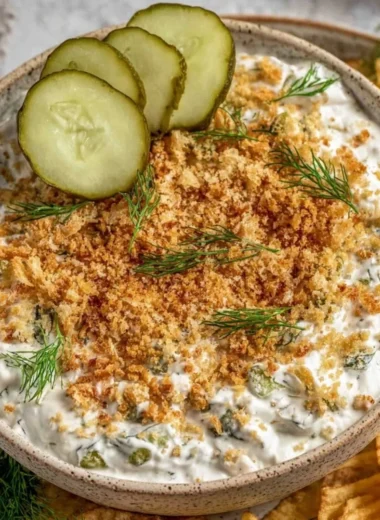 Bowl of Easy Fried Pickle Dip with fresh ingredients and a dairy-free label