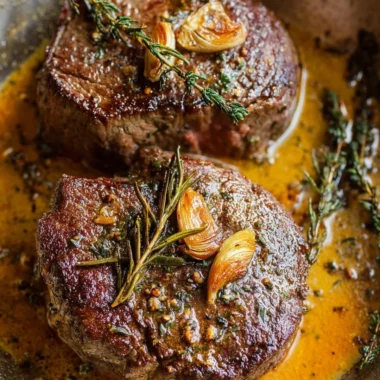 Delicious filet mignon steak with garlic herb butter, garnished and plated elegantly.