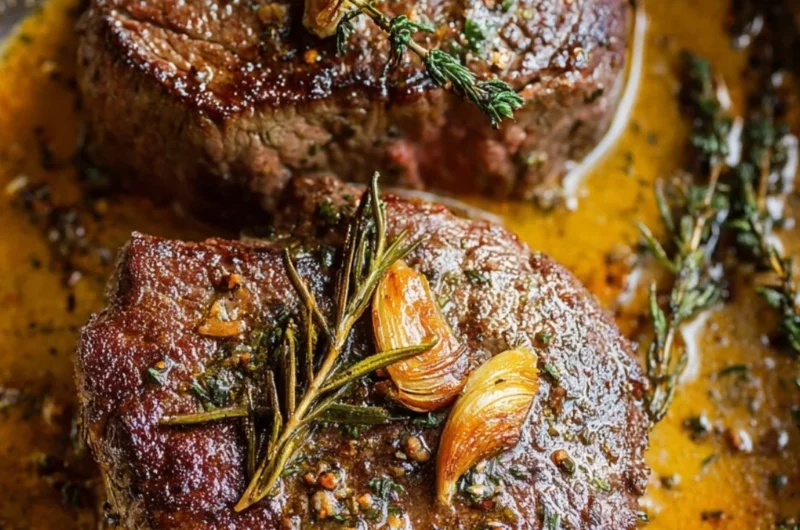 Delicious filet mignon steak with garlic herb butter, garnished and plated elegantly.