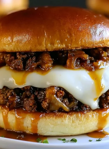Delicious French Onion Beef Sloppy Joes served on a bun with melted cheese