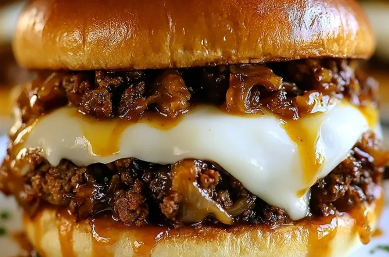 Delicious French Onion Beef Sloppy Joes served on a bun with melted cheese