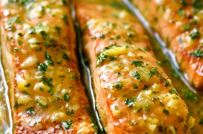 Delicious Garlic Butter Salmon served with herbs and lemon on a plate.