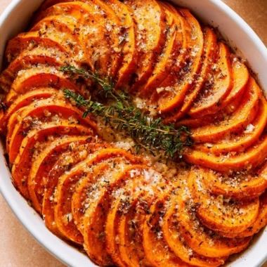 Delicious Garlic Parmesan Roasted Sweet Potatoes served in a dish