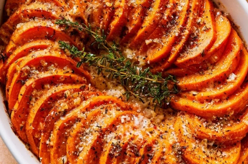 Delicious Garlic Parmesan Roasted Sweet Potatoes served in a dish