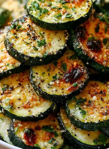 Roasted Garlic Parmesan Zucchini topped with herbs and cheese