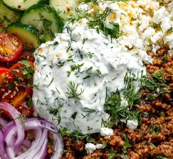 Healthy Greek Ground Beef Bowl topped with Tzatziki sauce and fresh veggies