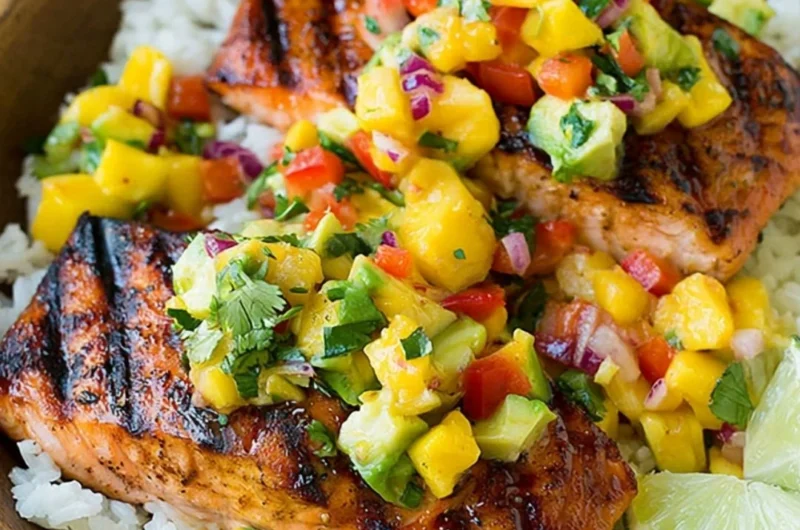 Grilled salmon with mango salsa on a bed of coconut rice.