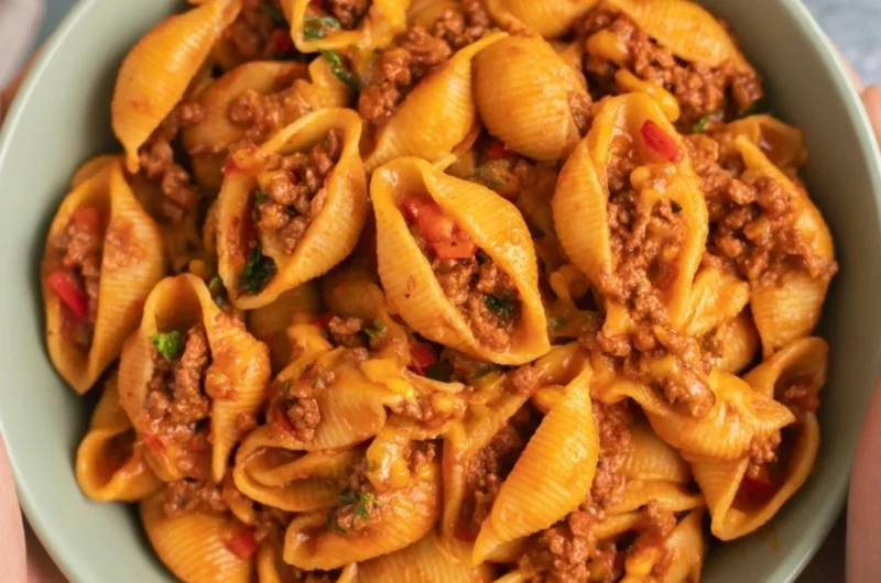 High protein taco pasta served in a bowl with toppings.
