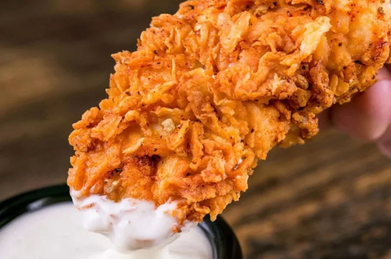 Plate of homemade buttermilk chicken tenders served with dipping sauce