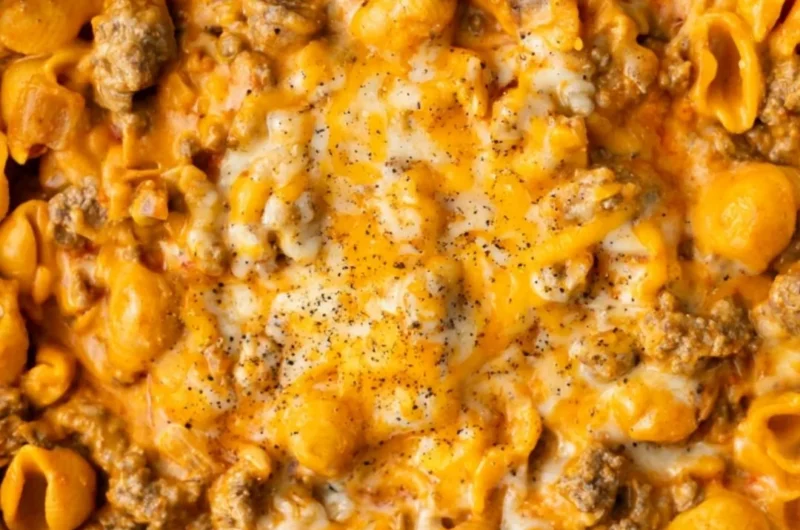 A delicious bowl of homemade Hamburger Helper served with fresh ingredients.