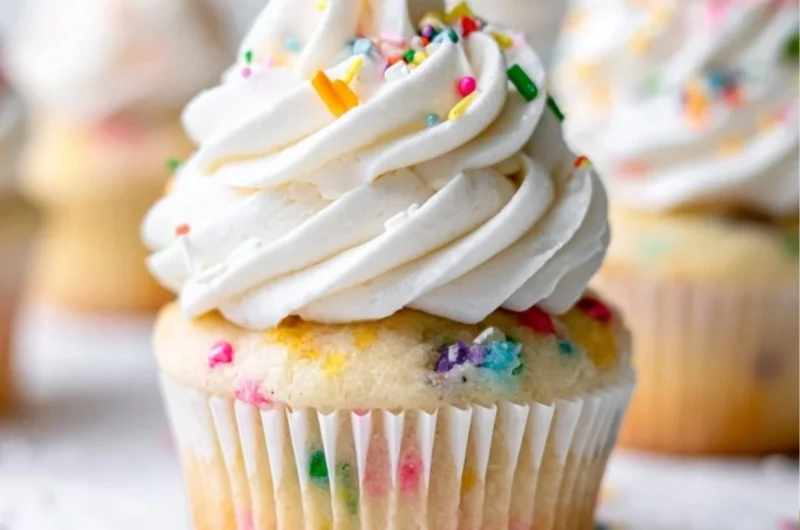 Delicious homemade vanilla cupcakes topped with creamy frosting