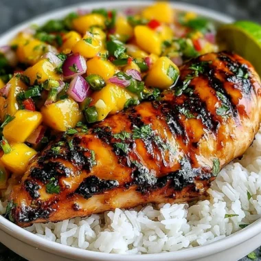 Plate of Honey Lime Chicken with vibrant mango salsa on top