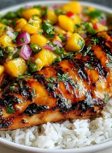 Plate of Honey Lime Chicken with vibrant mango salsa on top