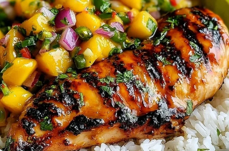 Plate of Honey Lime Chicken with vibrant mango salsa on top