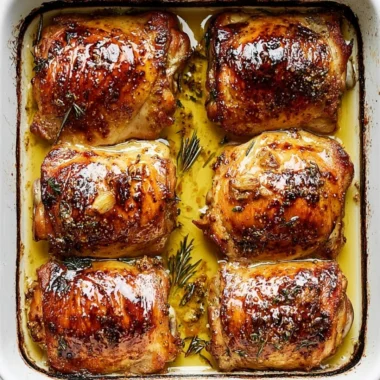Delicious honey mustard chicken thighs on a plate garnished with herbs