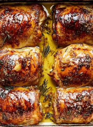 Delicious honey mustard chicken thighs on a plate garnished with herbs