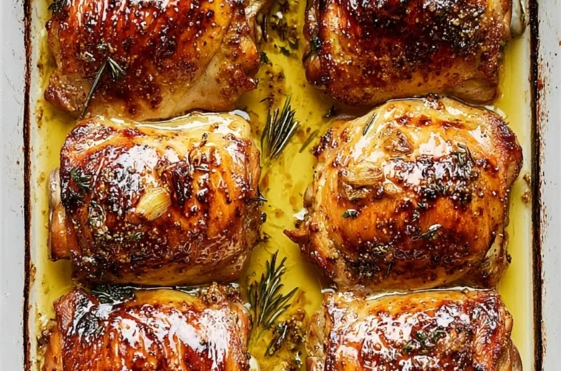 Delicious honey mustard chicken thighs on a plate garnished with herbs