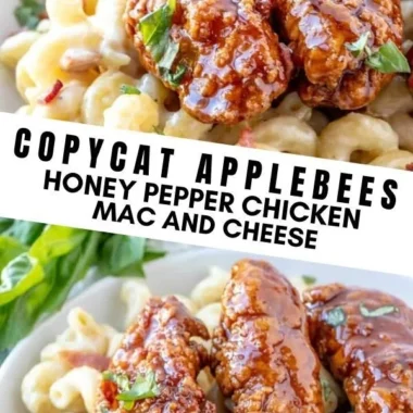 Honey Pepper Chicken Mac and Cheese topped with herbs and spices