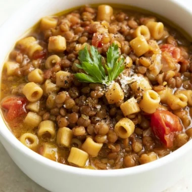 Plate of Italian pasta with lentils garnished with fresh herbs