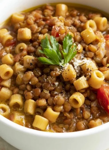 Plate of Italian pasta with lentils garnished with fresh herbs