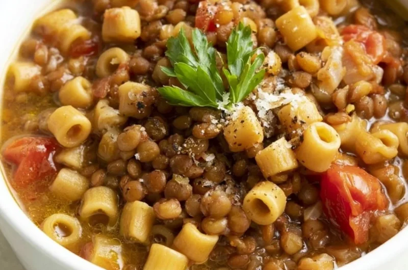 Plate of Italian pasta with lentils garnished with fresh herbs