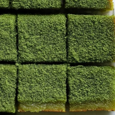 Delicious matcha mochi brownies with a chewy texture and vibrant green color